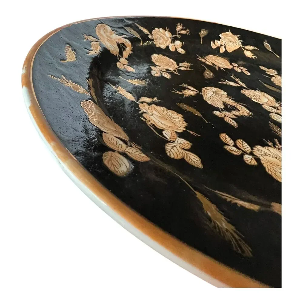 VTG Chinoiserie Polychrome Black‎ Gold Gilt Rose Floral Porcelain Platter Large